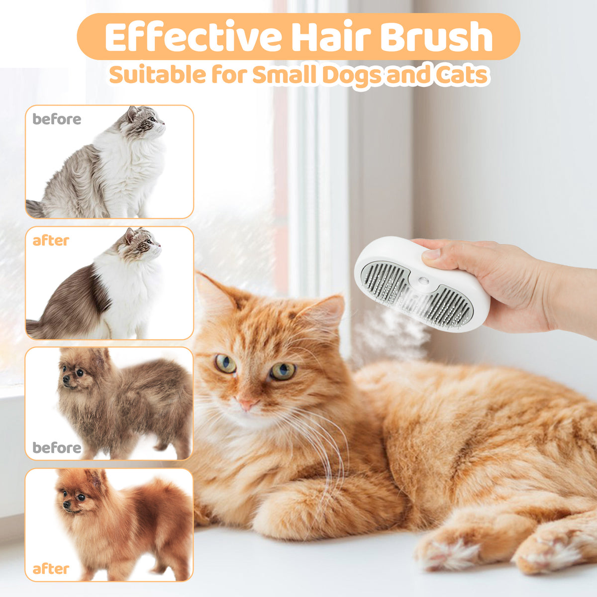 Cat steam grooming brush lifestyle photo with cat