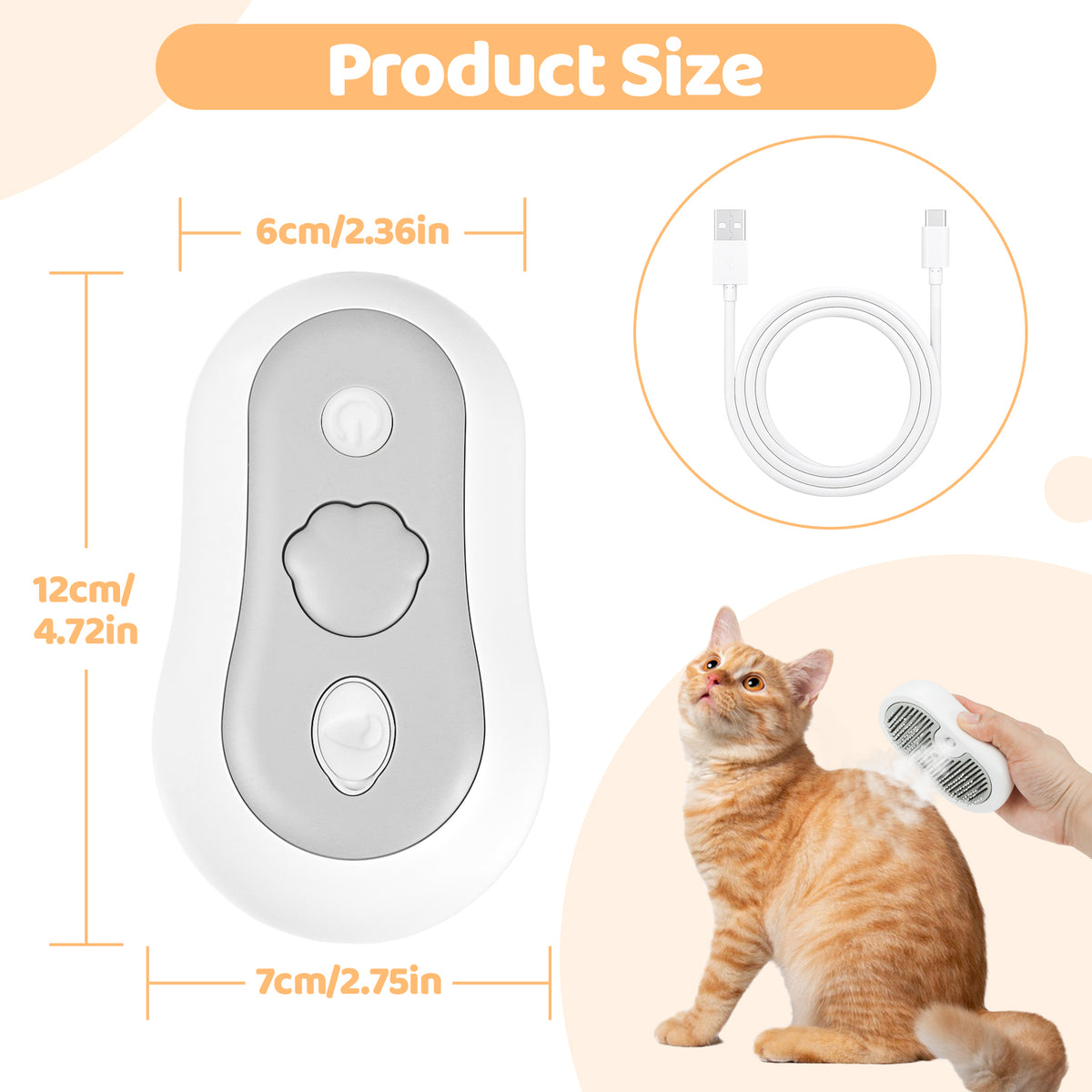 Cat steam grooming brush charging and steam controls