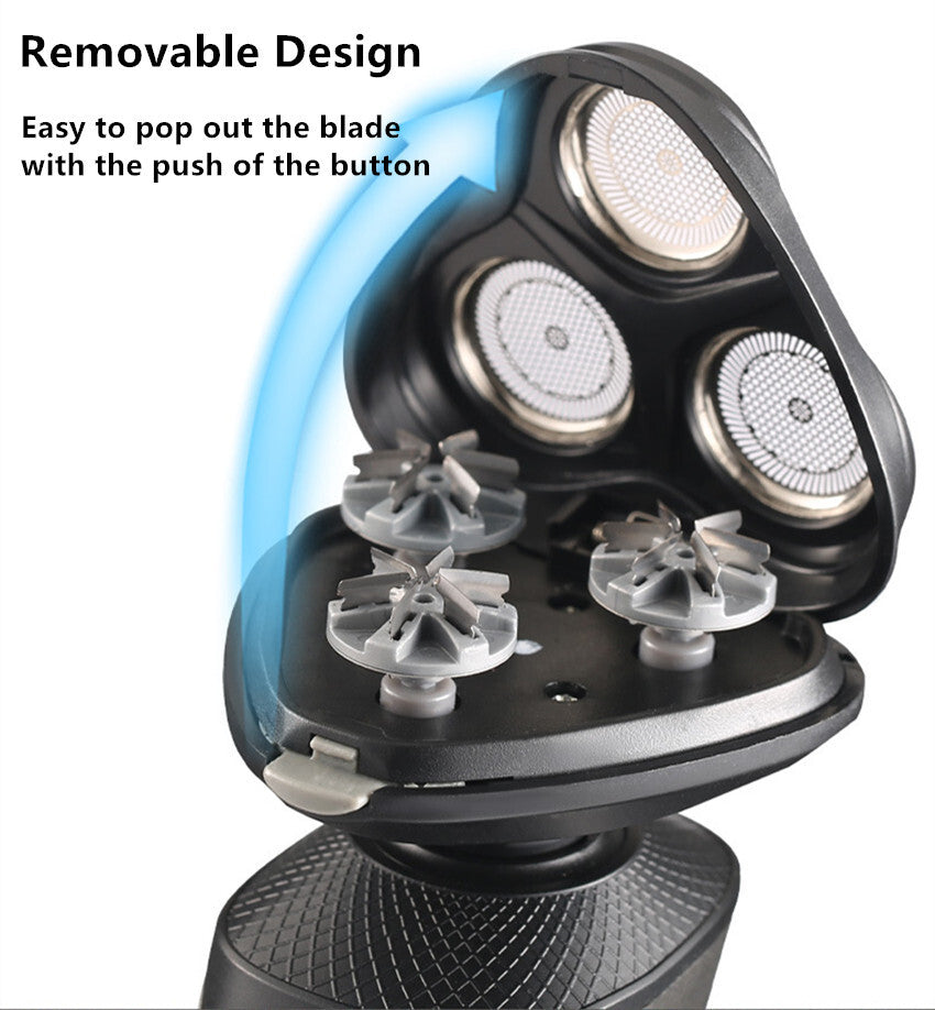 Close-up of electric shaver's 3-head rotary shaving system