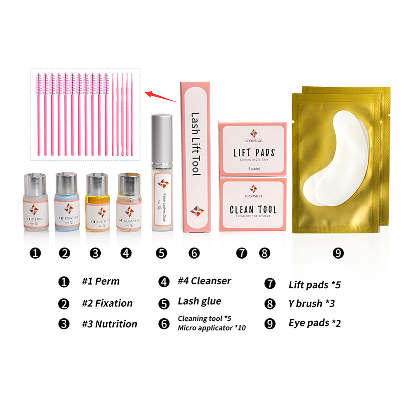 Lash lift kit perm lotion, fixing lotion and nutrition lotion bottles