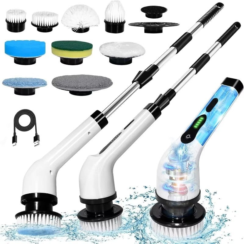 Cordless electric spin scrubber with four interchangeable cleaning brush heads
