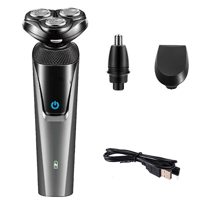Man using waterproof electric rotary shaver for a close shave