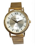 Pelex men's gold Roman numeral quartz watch with white dial and gold bracelet strap