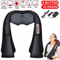 Person wearing a heated shiatsu neck and shoulder massager with visible kneading nodes