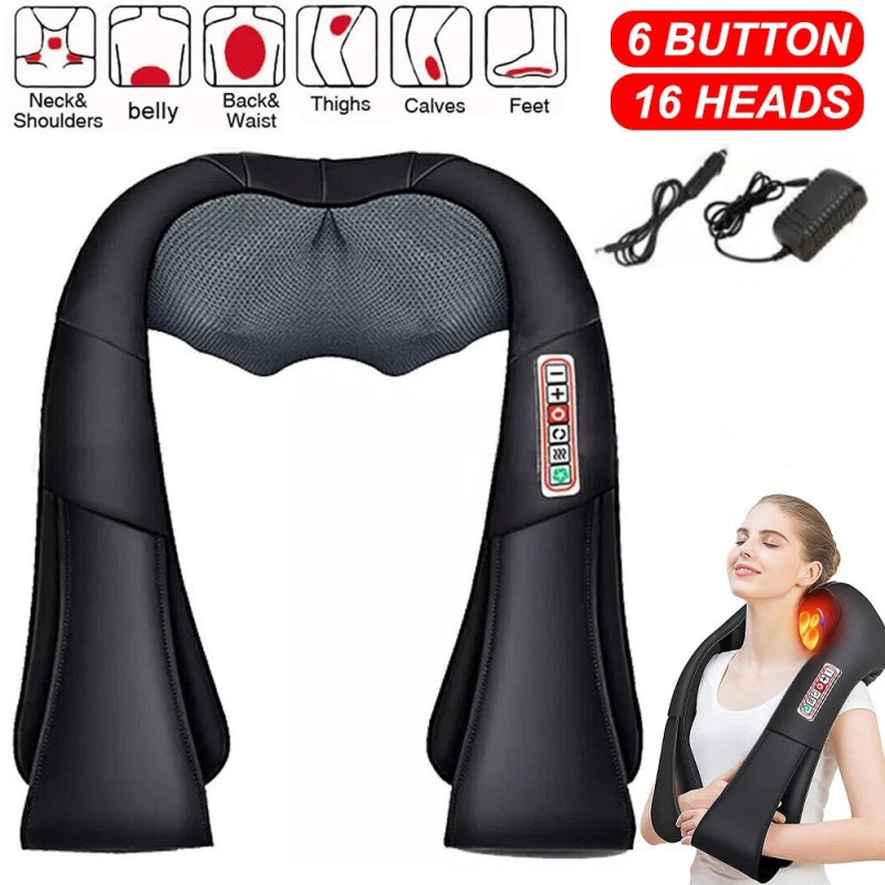 Person wearing a heated shiatsu neck and shoulder massager with visible kneading nodes