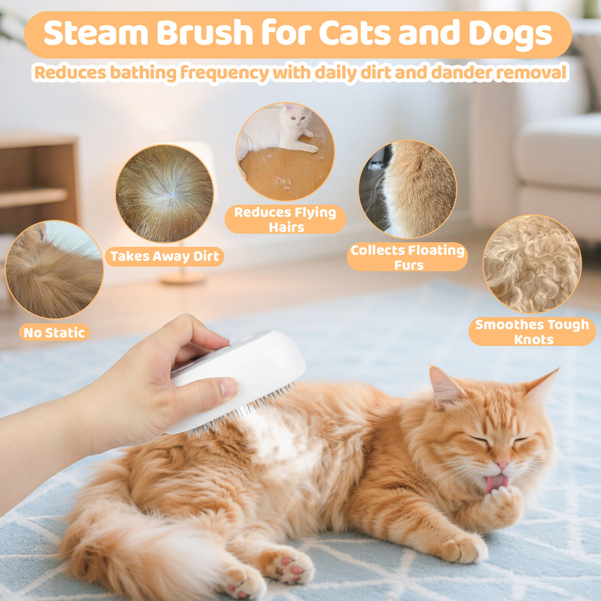 Cat steam grooming brush releasing warm steam while brushing a cat's coat