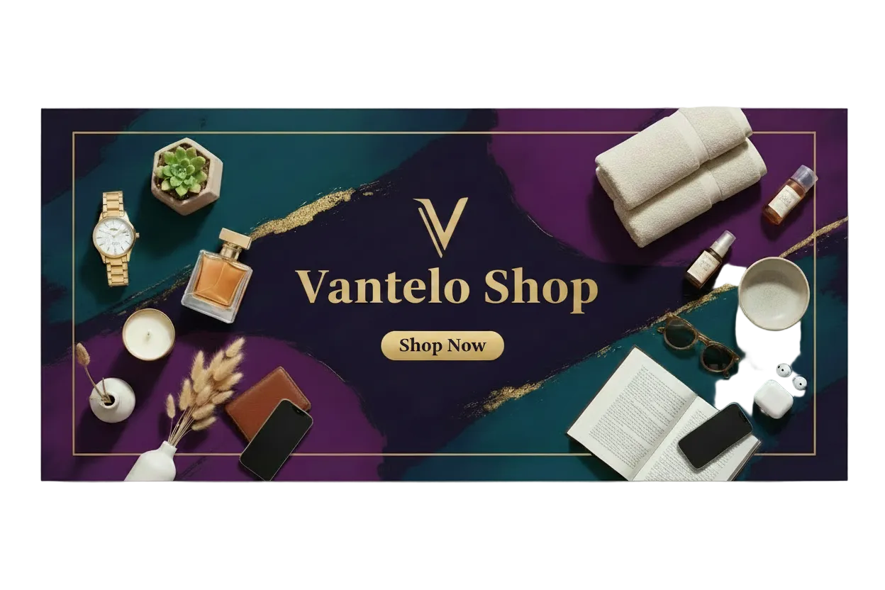 Promotional banner for Vantelo Shop with various products on a purple and teal background.